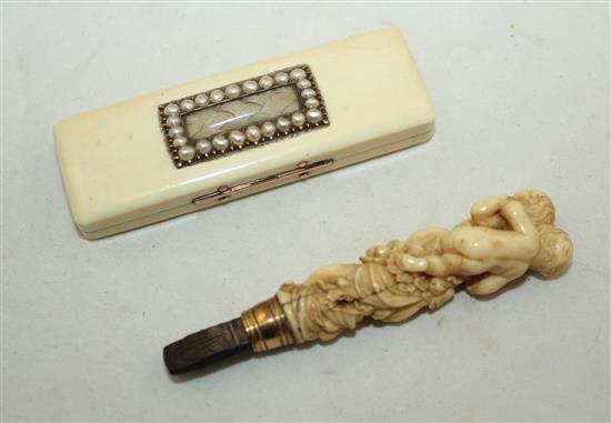 A Regency split pearl set ivory toothpick box, 3.25in.